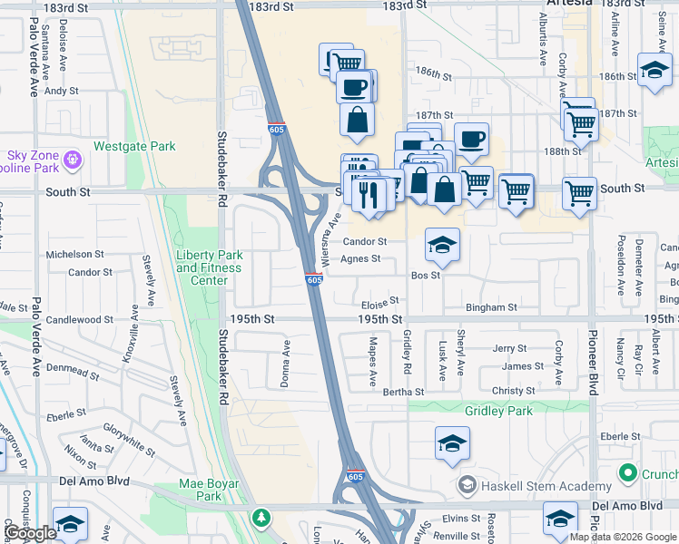 map of restaurants, bars, coffee shops, grocery stores, and more near 11239 Bos Street in Cerritos