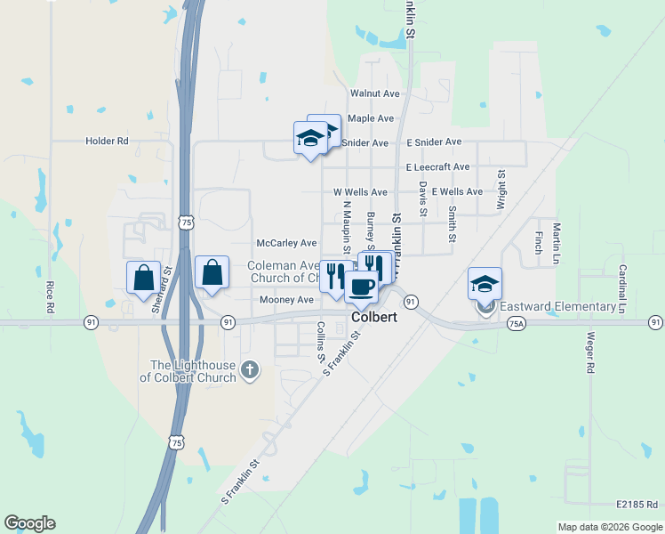 map of restaurants, bars, coffee shops, grocery stores, and more near 205 North Maupin Street in Colbert