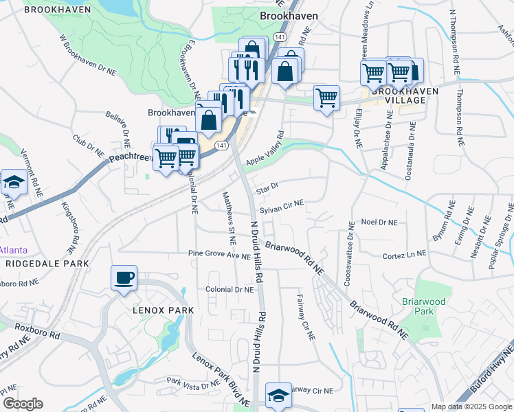 map of restaurants, bars, coffee shops, grocery stores, and more near 1302 North Druid Hills Road in Brookhaven