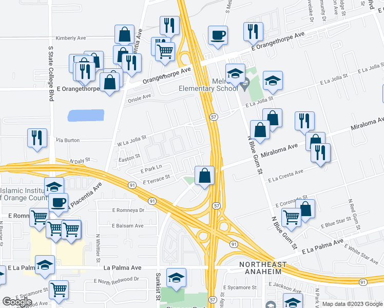 map of restaurants, bars, coffee shops, grocery stores, and more near 2635 East Park Lane in Anaheim