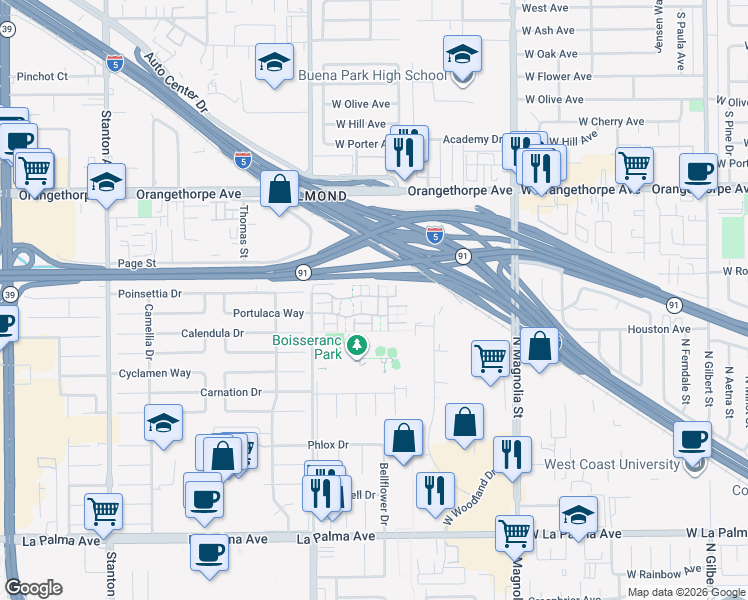 map of restaurants, bars, coffee shops, grocery stores, and more near 1424 North Stoneyhaven Lane in Anaheim