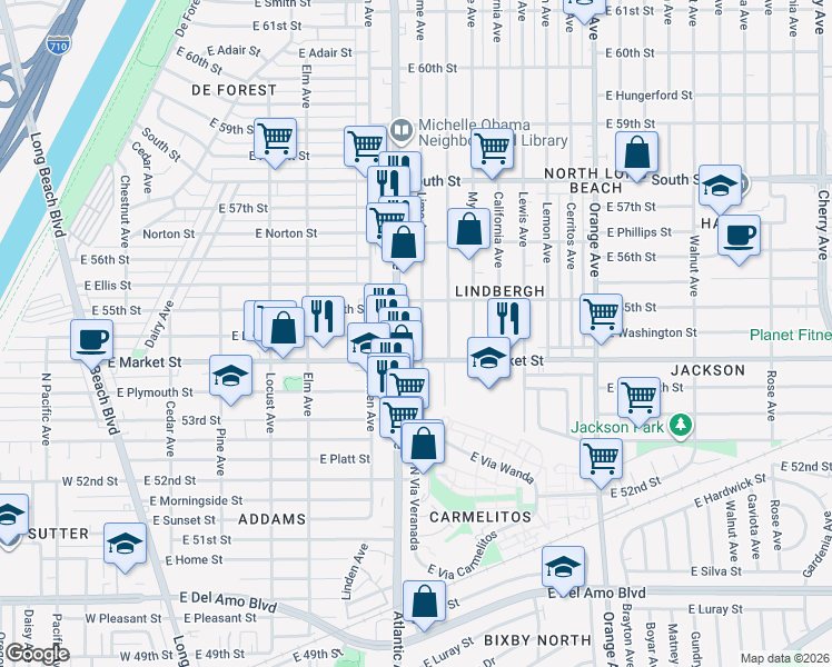 map of restaurants, bars, coffee shops, grocery stores, and more near 5447 Lime Avenue in Long Beach