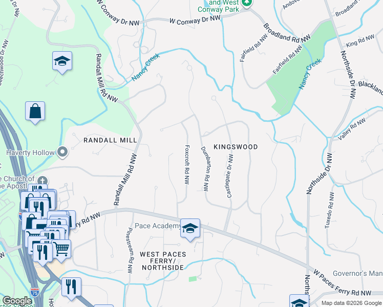map of restaurants, bars, coffee shops, grocery stores, and more near 1020 Foxcroft Road Northwest in Atlanta