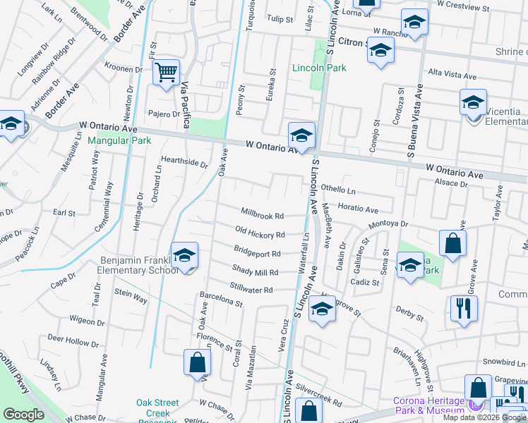 map of restaurants, bars, coffee shops, grocery stores, and more near 1201 Millbrook Road in Corona
