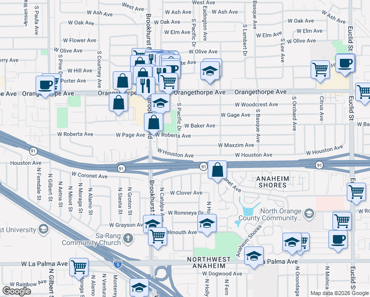 map of restaurants, bars, coffee shops, grocery stores, and more near 1613 West Houston Avenue in Fullerton