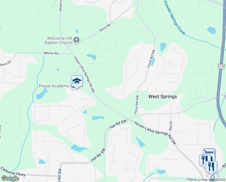 map of restaurants, bars, coffee shops, grocery stores, and more near 3975 Saint George Terrace Southwest in Hiram
