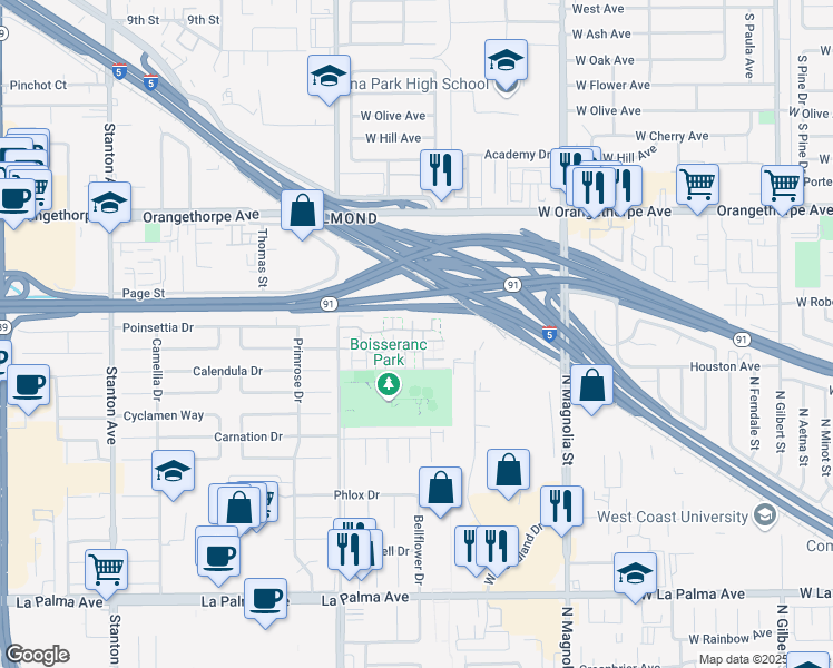 map of restaurants, bars, coffee shops, grocery stores, and more near in Anaheim
