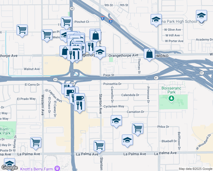 map of restaurants, bars, coffee shops, grocery stores, and more near 8038 Poinsettia Drive in Buena Park
