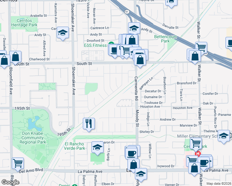 map of restaurants, bars, coffee shops, grocery stores, and more near 13254 Briarwood Street in Cerritos