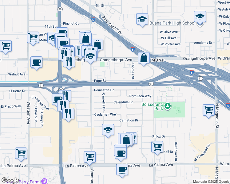 map of restaurants, bars, coffee shops, grocery stores, and more near 8182 Poinsettia Drive in Buena Park