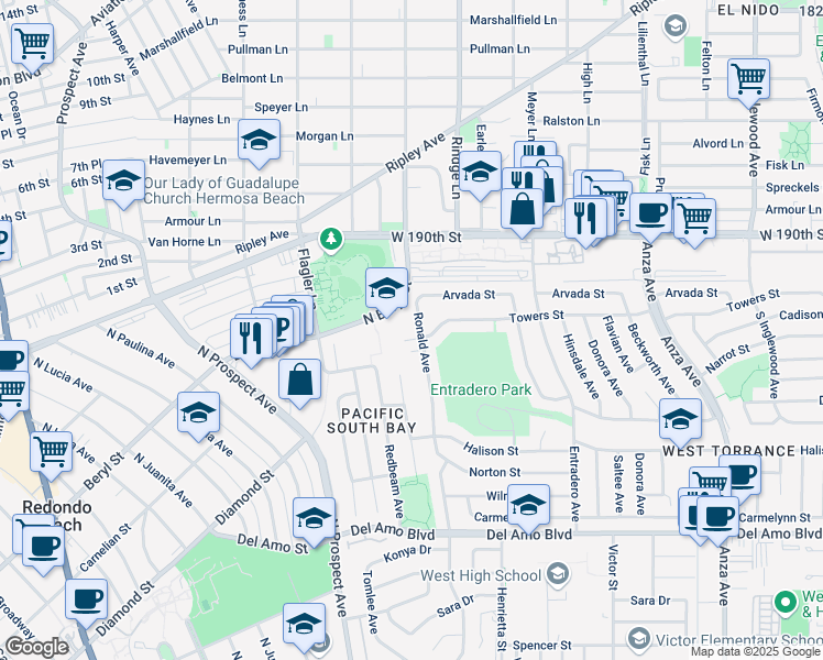 map of restaurants, bars, coffee shops, grocery stores, and more near 19219 Ronald Avenue in Torrance