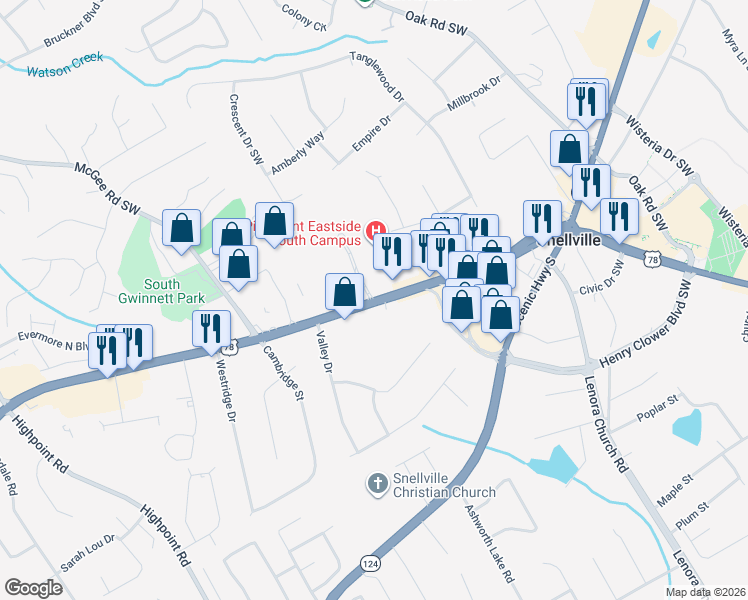 map of restaurants, bars, coffee shops, grocery stores, and more near Main Street West in Snellville