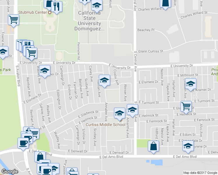 map of restaurants, bars, coffee shops, grocery stores, and more near 1115 East Kramer Drive in Carson