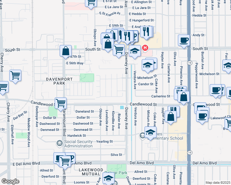 map of restaurants, bars, coffee shops, grocery stores, and more near 5423 Chambers Court in Lakewood