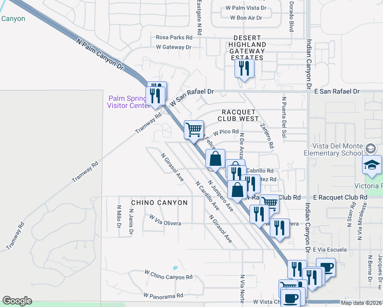 map of restaurants, bars, coffee shops, grocery stores, and more near 2786 North Junipero Avenue in Palm Springs