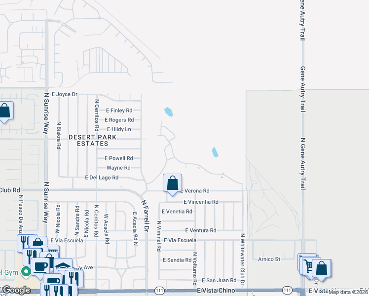 map of restaurants, bars, coffee shops, grocery stores, and more near 2604 North Whitewater Club Drive in Palm Springs