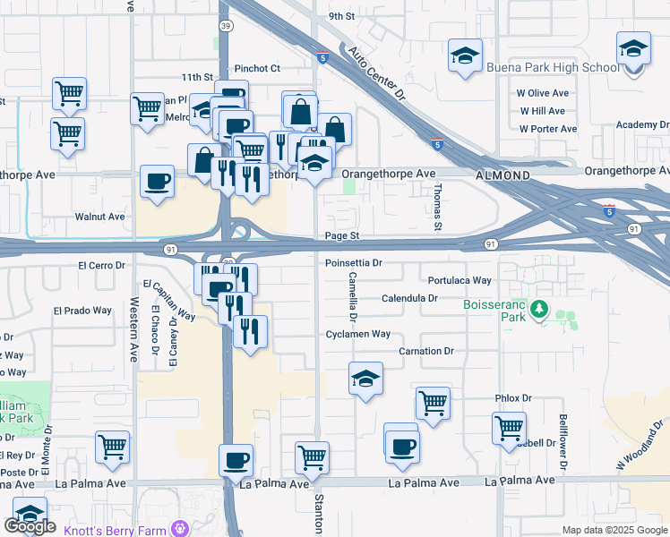 map of restaurants, bars, coffee shops, grocery stores, and more near 8038 Poinsettia Drive in Buena Park