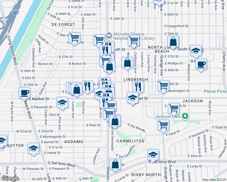 map of restaurants, bars, coffee shops, grocery stores, and more near 5447 Lime Avenue in Long Beach
