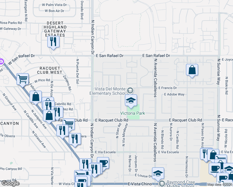 map of restaurants, bars, coffee shops, grocery stores, and more near 489 East Laurel Circle in Palm Springs