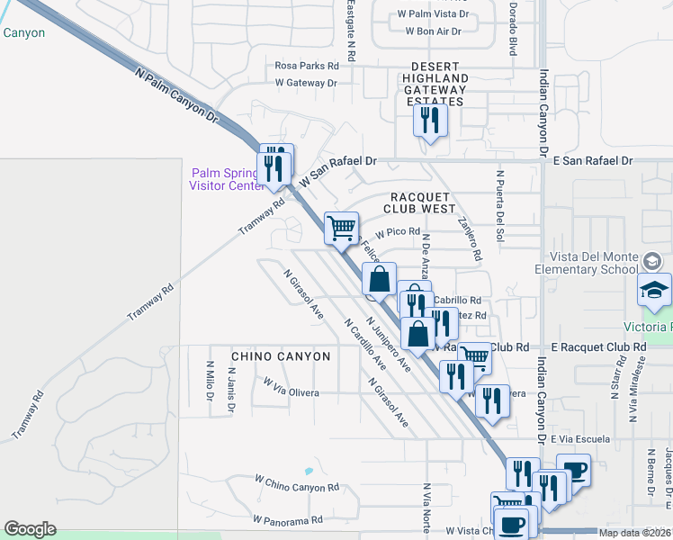 map of restaurants, bars, coffee shops, grocery stores, and more near 2786 North Junipero Avenue in Palm Springs