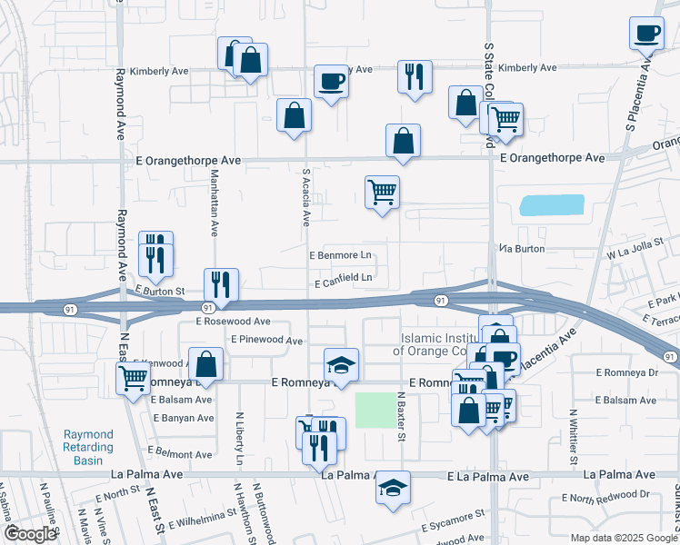 map of restaurants, bars, coffee shops, grocery stores, and more near 1521 East Canfield Lane in Anaheim