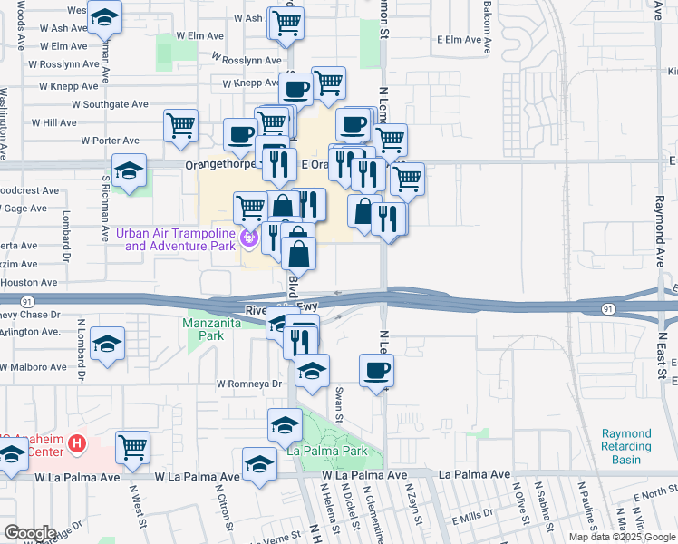 map of restaurants, bars, coffee shops, grocery stores, and more near 1611 South Pomona Avenue in Fullerton