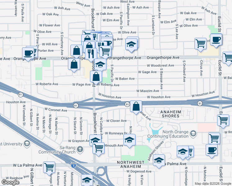 map of restaurants, bars, coffee shops, grocery stores, and more near 1613 West Houston Avenue in Fullerton