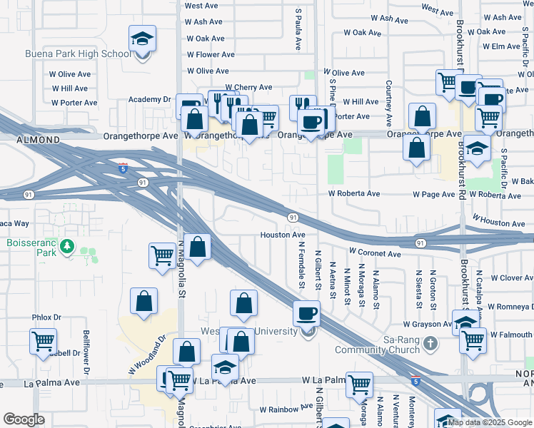 map of restaurants, bars, coffee shops, grocery stores, and more near 9301 Picadilly Way in Anaheim