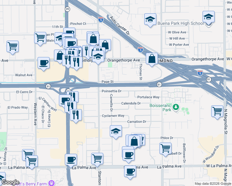 map of restaurants, bars, coffee shops, grocery stores, and more near 8109 Canterbury Way in Buena Park