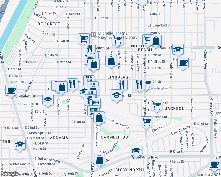 map of restaurants, bars, coffee shops, grocery stores, and more near 5431 Myrtle Avenue in Long Beach