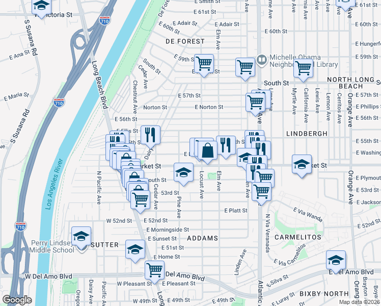 map of restaurants, bars, coffee shops, grocery stores, and more near 232 East Louise Street in Long Beach