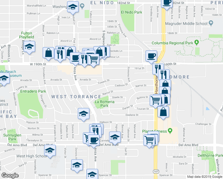 map of restaurants, bars, coffee shops, grocery stores, and more near 4739 Narrot Street in Torrance