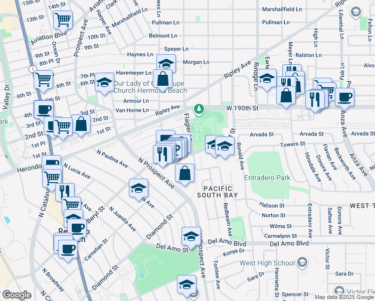 map of restaurants, bars, coffee shops, grocery stores, and more near in Redondo Beach