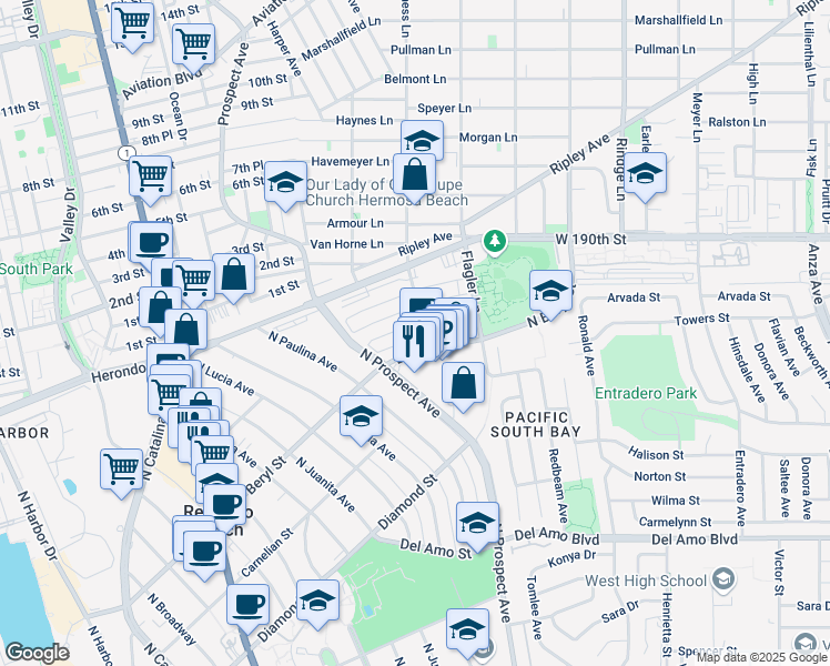 map of restaurants, bars, coffee shops, grocery stores, and more near 1216 Amethyst Street in Redondo Beach