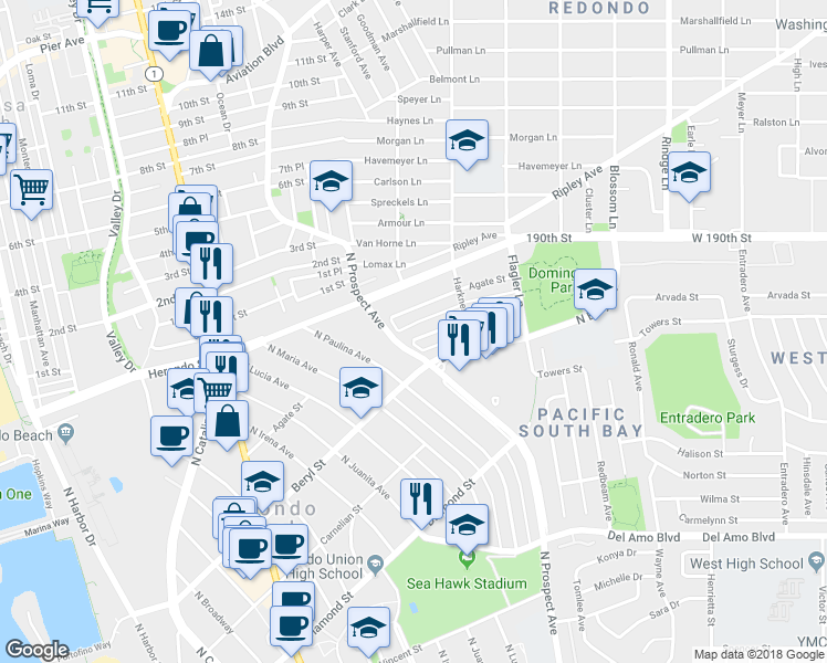 map of restaurants, bars, coffee shops, grocery stores, and more near 1201 Amethyst Street in Redondo Beach