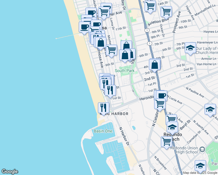 map of restaurants, bars, coffee shops, grocery stores, and more near 216 Hermosa Avenue in Hermosa Beach