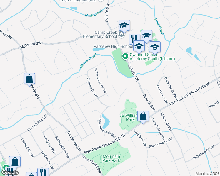 map of restaurants, bars, coffee shops, grocery stores, and more near 1156 Harview Drive Southwest in Lilburn