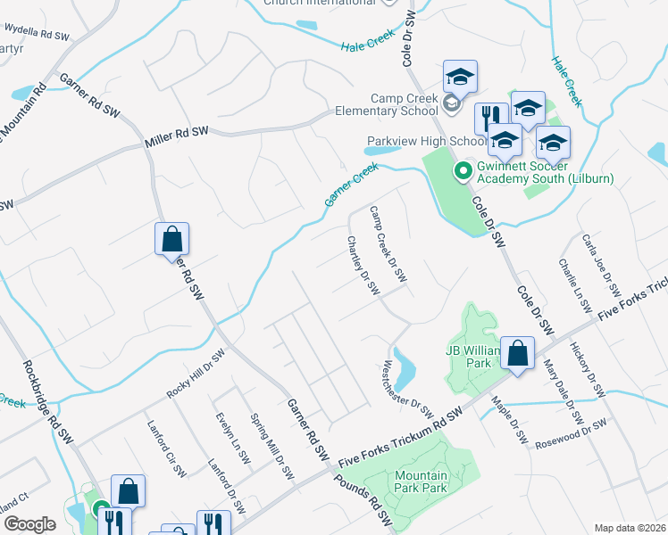 map of restaurants, bars, coffee shops, grocery stores, and more near 4996 Chartley Circle Southwest in Lilburn