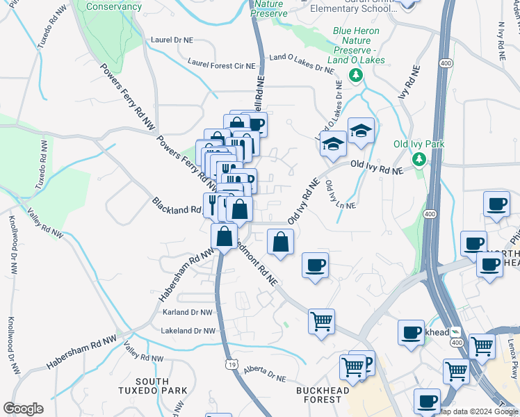 map of restaurants, bars, coffee shops, grocery stores, and more near 26 Old Ivy Square in Atlanta