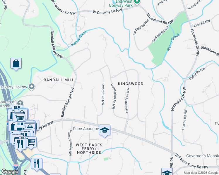 map of restaurants, bars, coffee shops, grocery stores, and more near 1020 Foxcroft Road Northwest in Atlanta