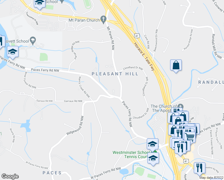 map of restaurants, bars, coffee shops, grocery stores, and more near 3685 Paces Ferry Road Northwest in Atlanta