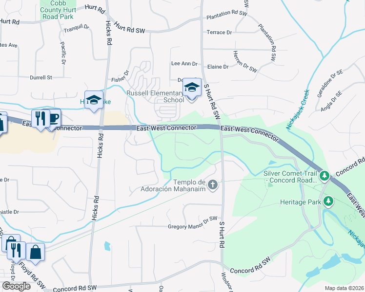 map of restaurants, bars, coffee shops, grocery stores, and more near 567 Shoal Mill Road Southwest in Smyrna