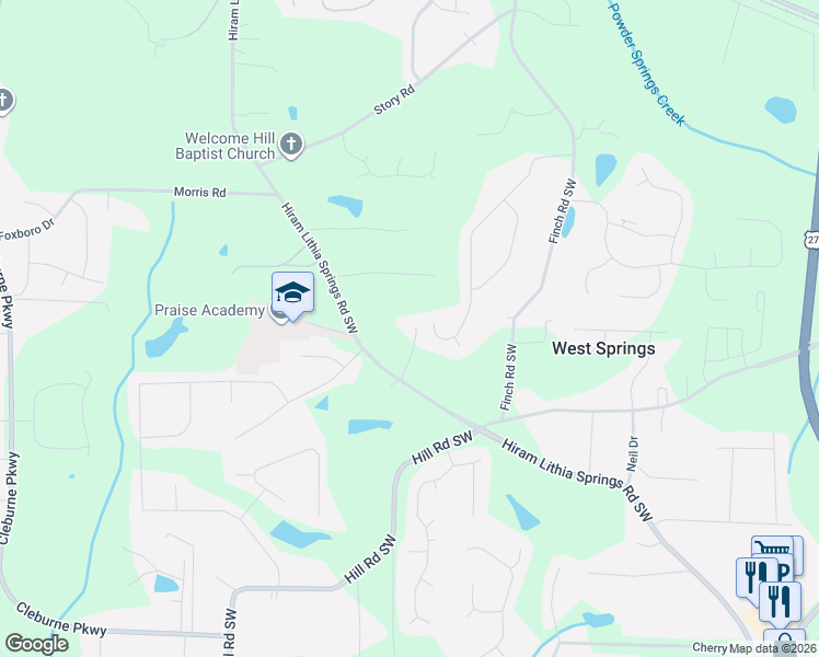 map of restaurants, bars, coffee shops, grocery stores, and more near 4137 Hiram Lithia Springs Road Southwest in Powder Springs
