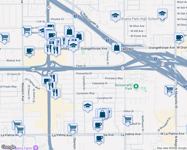 map of restaurants, bars, coffee shops, grocery stores, and more near 8182 Poinsettia Drive in Buena Park