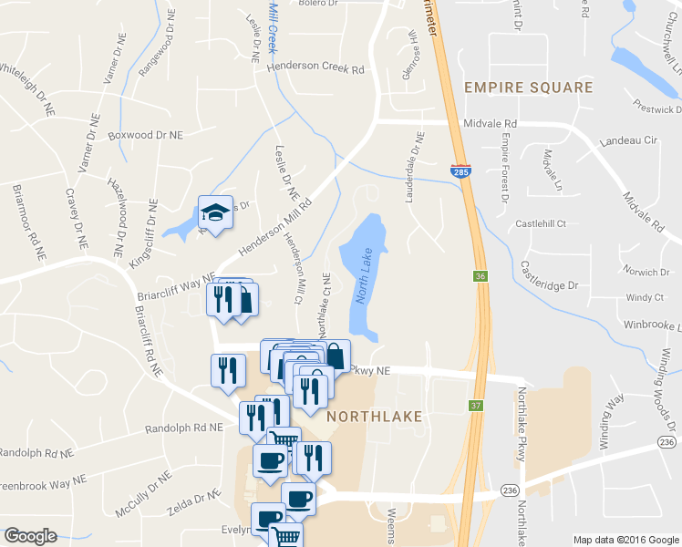 map of restaurants, bars, coffee shops, grocery stores, and more near 2395 Northlake Court Northeast in Atlanta