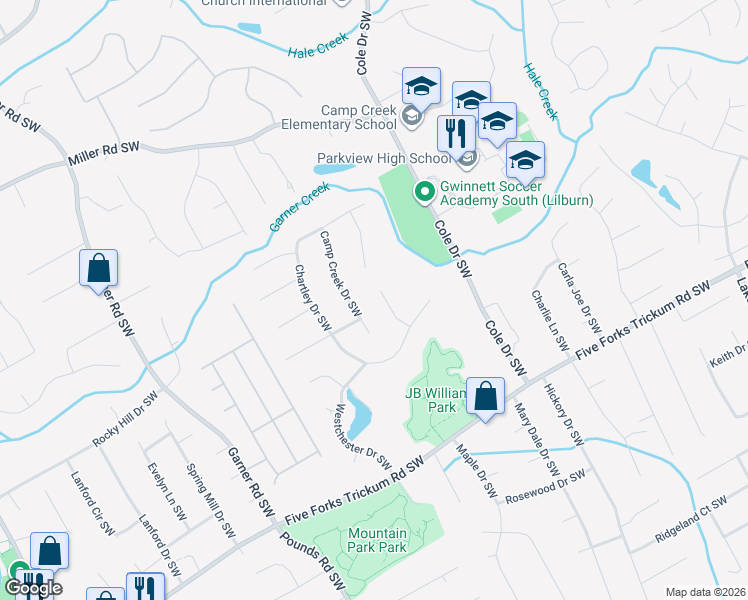 map of restaurants, bars, coffee shops, grocery stores, and more near 1156 Harview Drive Southwest in Lilburn