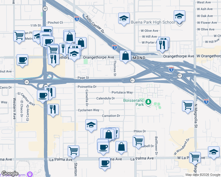 map of restaurants, bars, coffee shops, grocery stores, and more near 8297 Portulaca Way in Buena Park