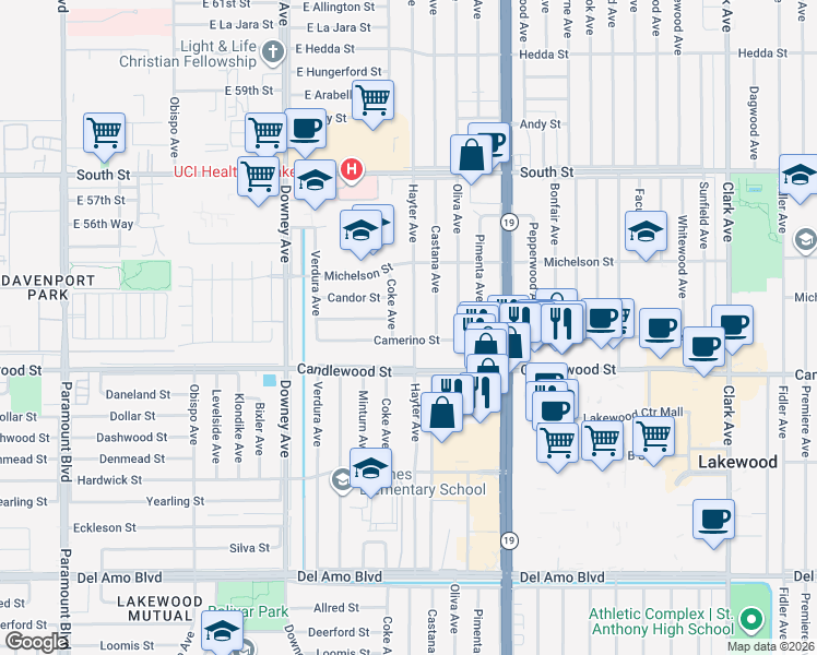 map of restaurants, bars, coffee shops, grocery stores, and more near 5408 Hayter Avenue in Lakewood