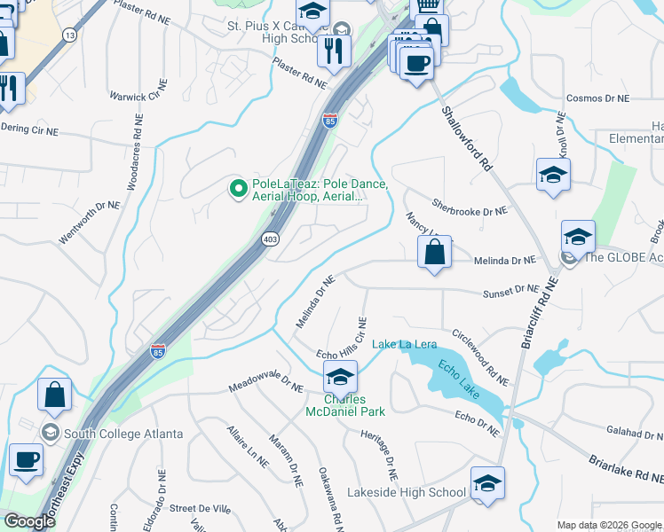 map of restaurants, bars, coffee shops, grocery stores, and more near 2360 Melinda Drive Northeast in Atlanta