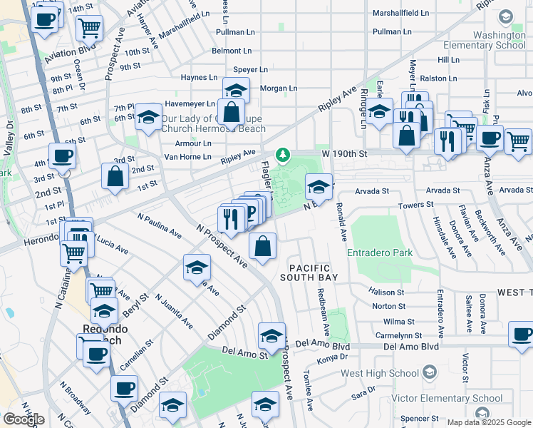 map of restaurants, bars, coffee shops, grocery stores, and more near 1321 Beryl Street in Redondo Beach